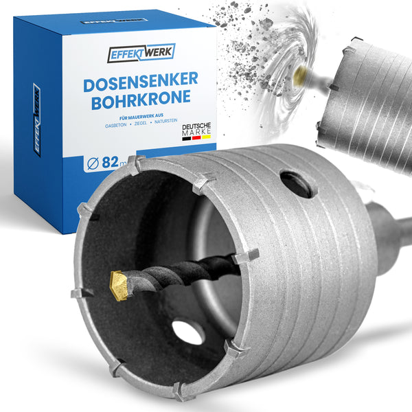 EFFEKTWERK Bohrkrone 82mm SDS Plus - Dosenbohrer 82mm Mauerwerk Porenbeton Gasbeton Ziegel Naturstein - Dosensenker Bohrkrone Steckdose für Bohrhämmer - Hammerschlagfest - Bohrkrone für Steckdosen